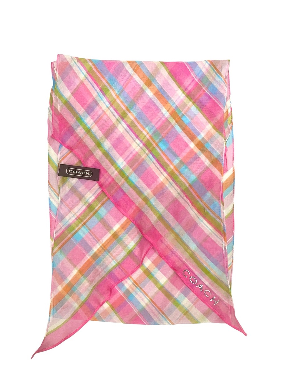 Vintage Y2K Coach Sheer Striped Madras Plaid Silk Scarf with Rhinestone Logo